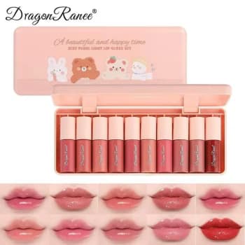 Dragon Ranee Cartoon Mirror Lip Gloss Set of 10 – Cute Shiny Moisturizing Lip Gloss Collection with Built-in Mirror, Long Lasting Glossy Finish for Girls & Teens