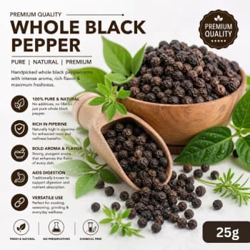 High Quality Organic Black Pepper Kali Mirch 25g Whole for Cooking & Health